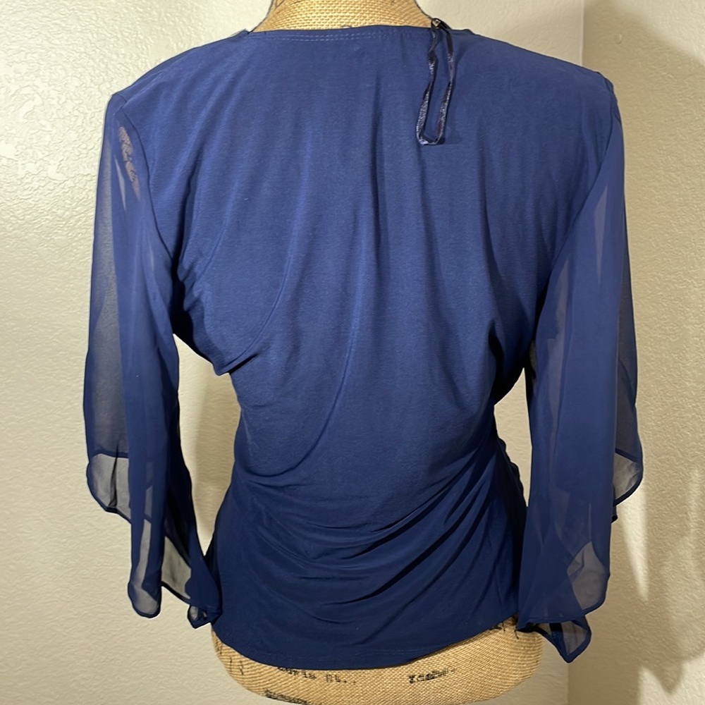 COPY- MSK Embellished Chiffon Sleeve Top Rhinestone Faux Wrap Surplice Blouse - Picture 11 of 17